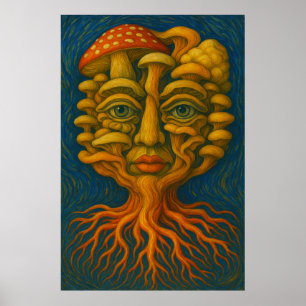 Póster Mycelium Dreamscape - Surreal Mushroom Face Poster