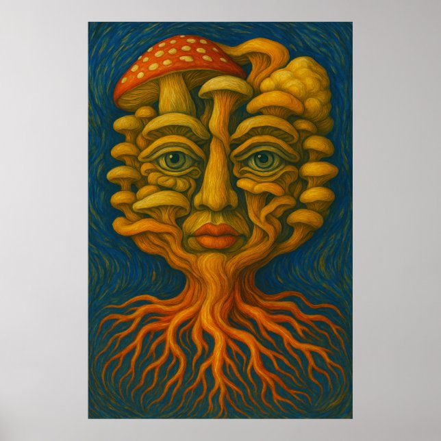 Póster Mycelium Dreamscape - Surreal Mushroom Face Poster (Frente)