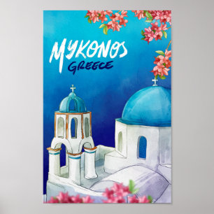 Póster Mykonos Grecia Ilustracion de viaje acuarela