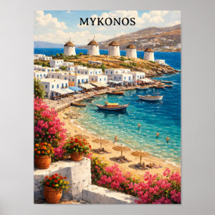 Póster Mykonos Grecia Molinos de Viento Ilustración de Vi
