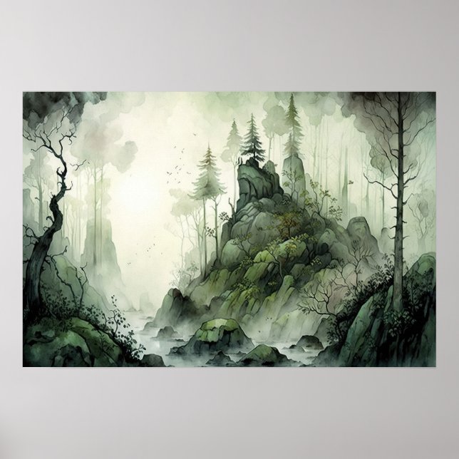Póster Mysteria Mist Forest Watercolor (Frente)