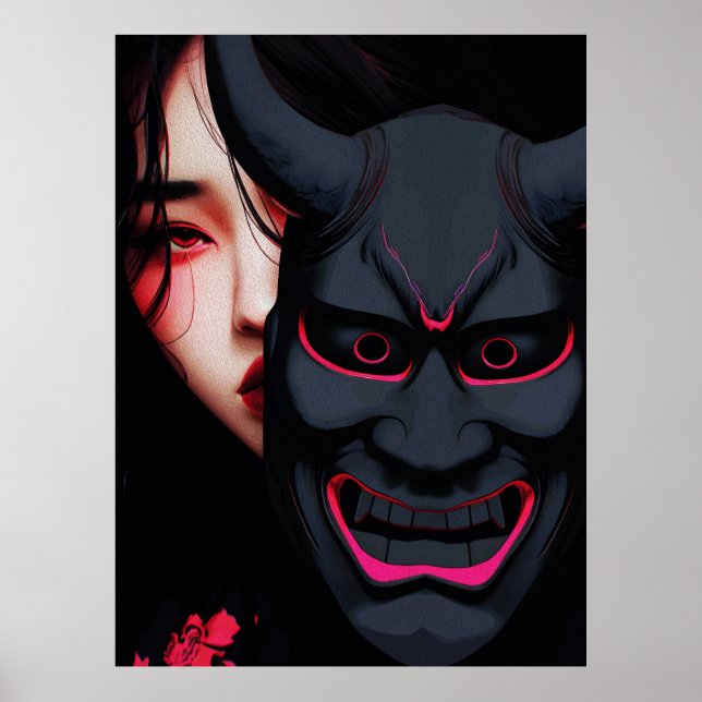 Póster Mysterious Girl with Oni Mask Dark Japanese Horror (Frente)