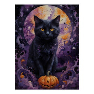 Póster Mystic Black Cat Halloween Pumpkins Moonlight