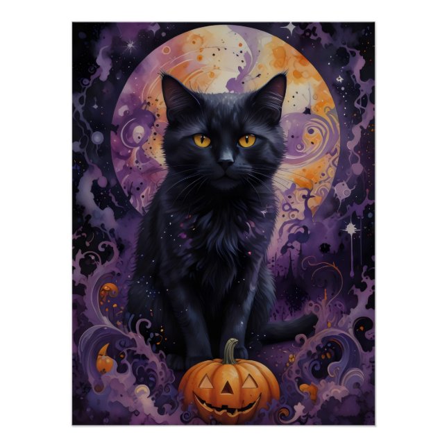 Póster Mystic Black Cat Halloween Pumpkins Moonlight (Anverso)