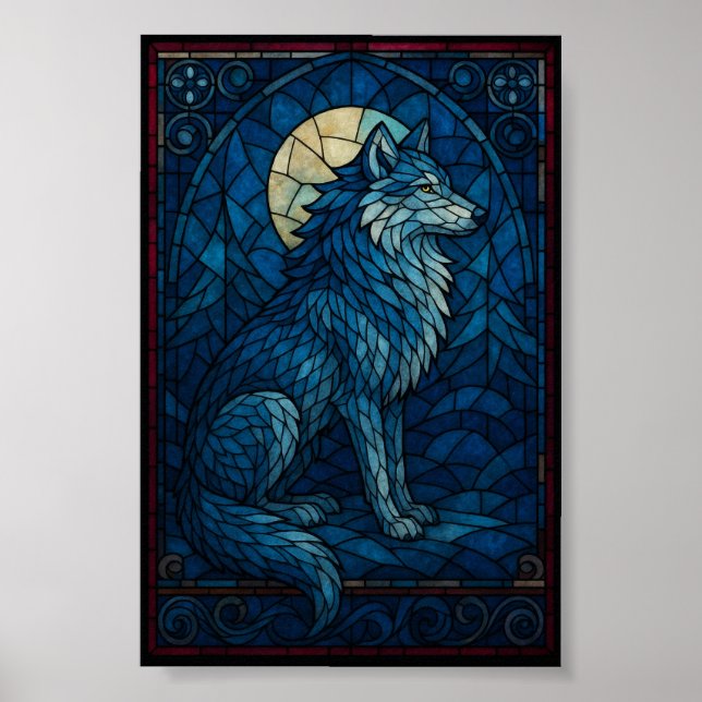 Póster Mystic Blue Wolf – Stained Glass Style Wall Art (Frente)
