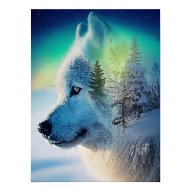 Póster Mystical Arctic Wolf & Aurora Borealis Double Expo (Anverso)