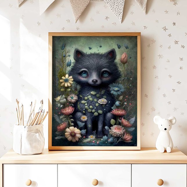Póster Mystical Black Fox Nursery Wall Art Print | Fox (Mystical Black Fox Nursery Wall Art Print by TinkPrints.)