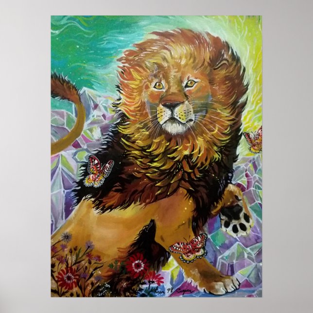 Póster Mystical Crystal Lion Pintando "Nuevos mundos" (Frente)