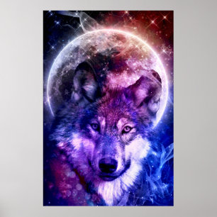 Póster Mystical Galaxy Wolf Face con la luna llena
