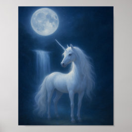 Póster Mystical Moonlight Unicorn & Waterfall Fantasy Art
