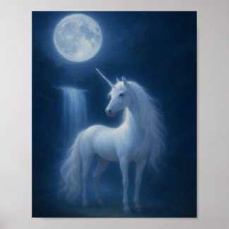 Póster Mystical Moonlight Unicorn & Waterfall Fantasy Art