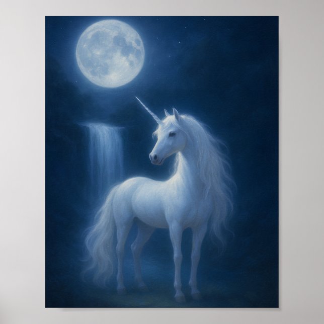 Póster Mystical Moonlight Unicorn & Waterfall Fantasy Art (Frente)