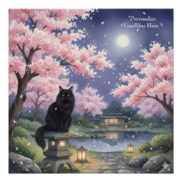 Póster Mystical Night Sakura: Black Cat in Moonlit Japan