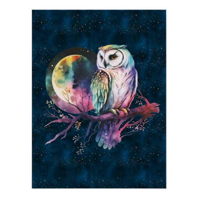 Póster Mystical Rainbow Owl y Full Moon Celestial (Anverso)