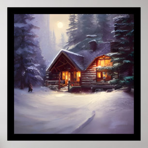 Póster Mystical Rustic Log Cabin Amongst The Evergreens