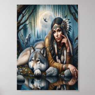 Póster Mystical Una Mujer Nativa Estadounidense Con Lobos