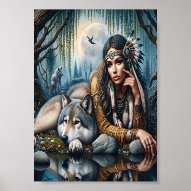 Póster Mystical Una Mujer Nativa Estadounidense Con Lobos (Frente)