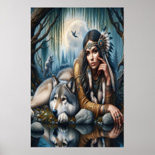 Póster Mystical Una Mujer Nativa Estadounidense Con Lobos