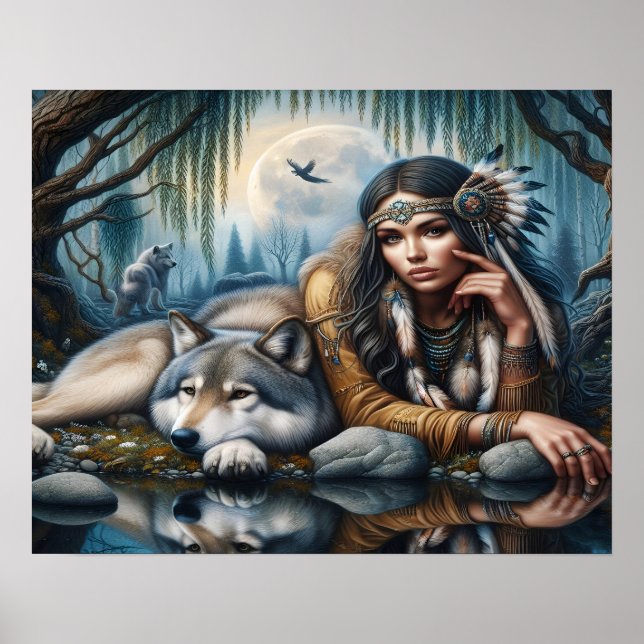 Póster Mystical Una Mujer Nativa Estadounidense Con Lobos (Frente)