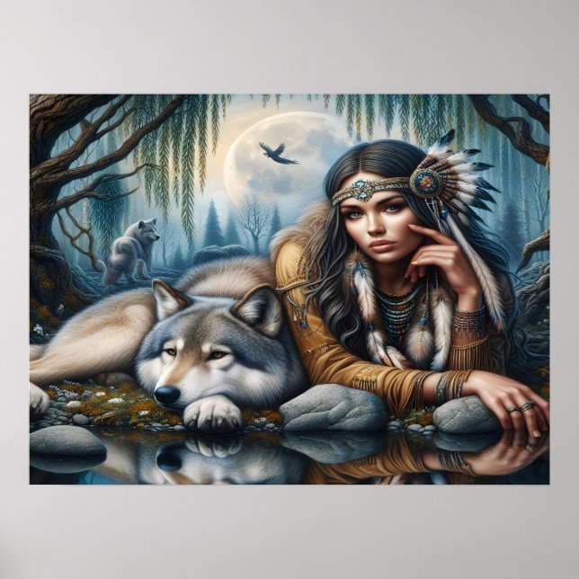 Póster Mystical Una Mujer Nativa Estadounidense Con Lobos (Frente)