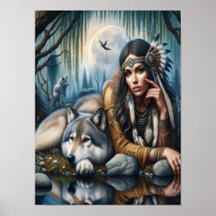 Póster Mystical Una Mujer Nativa Estadounidense Con Lobos