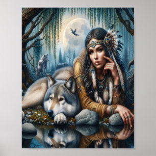 Póster Mystical Una Mujer Nativa Estadounidense Con Lobos
