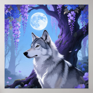 Póster Mystical Wolf and Wisteria Moon Fantasy Art Print