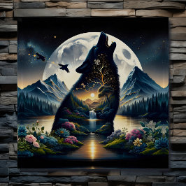 Póster Mystical Wolf Howling en Moon Surreal Personalizad