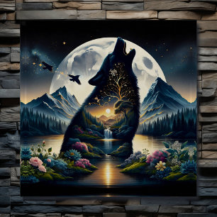 Póster Mystical Wolf Howling en Moon Surreal Personalizad