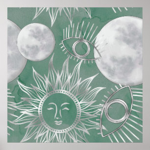 Póster Mystique solar   Duste Green Silver Moon Stars Sun