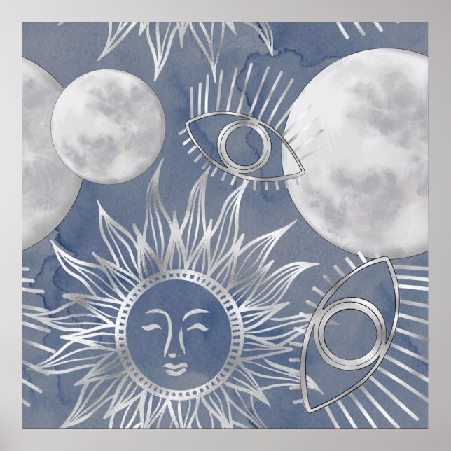 Póster Mystique solar | Dusty Blue Silver Moon Stars Sun (Frente)