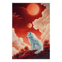 Mystischer weißer Wolf unter rotem Himmel