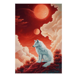Póster Mystischer weißer Wolf unter rotem Himmel