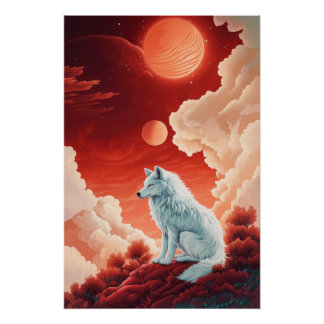 Póster Mystischer weißer Wolf unter rotem Himmel