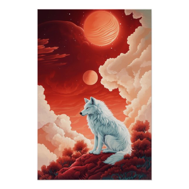 Póster Mystischer weißer Wolf unter rotem Himmel (Anverso)