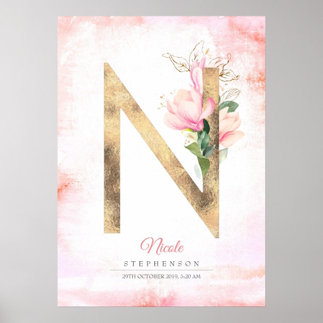 Póster N Letra Monograma Oro Salta Magnolia Rosa Floral (Frente)