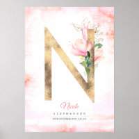 N Letra Monograma Oro Salta Magnolia Rosa Floral