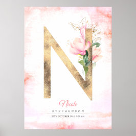 Póster N Letra Monograma Oro Salta Magnolia Rosa Floral