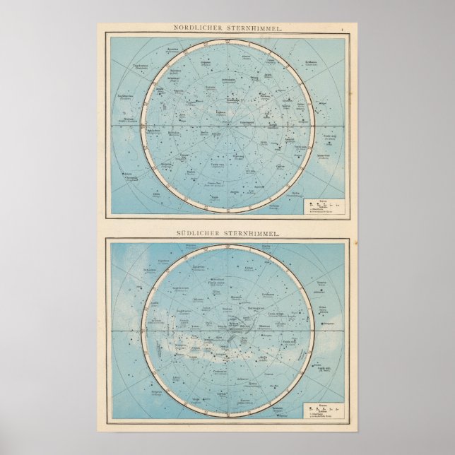 Póster N, S Mapa del Atlas Celeste del Cielo Estrellado (Frente)