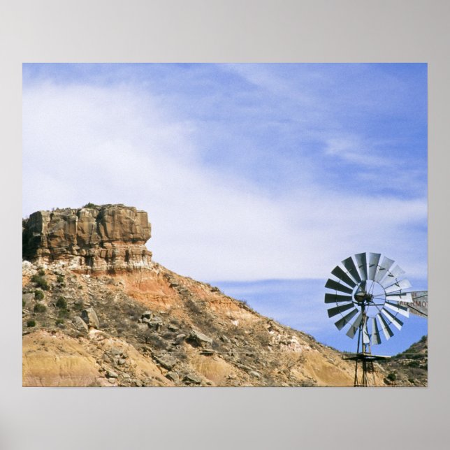 Póster NA, EE.UU., molino de viento de Texas y acantilado (Frente)