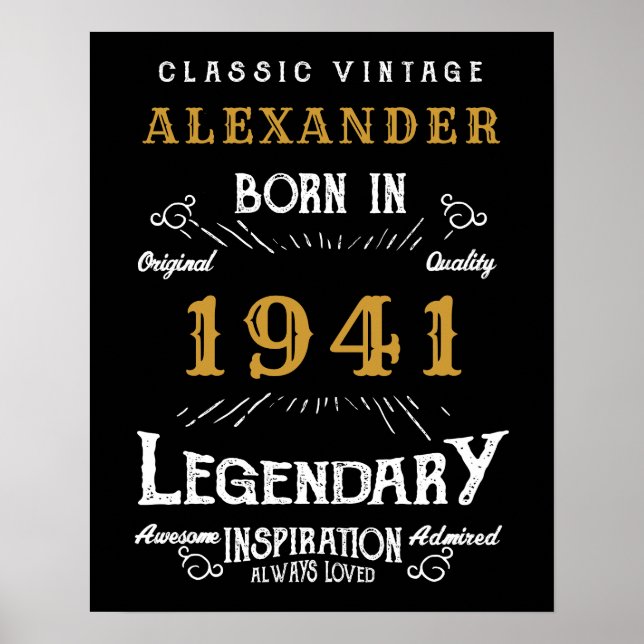 Póster Nacido en 1941, 80º cumpleaños personalizado, negr (Frente)