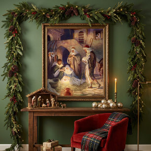 Póster Nacimiento de Navidad vintage, 3 pastores y Jesús