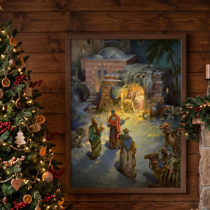 Póster Nacimiento de Navidad Vintage con Magos Visitantes