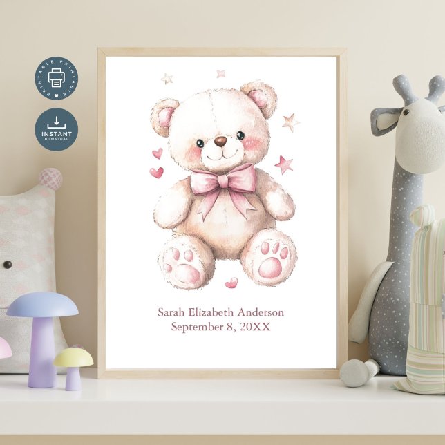 Póster Nacimiento Estadísticas Bebé Niña Rosa Teddy Bear (Birth Stats Personalized Teddy Bear with Pink Bow Poster for Baby Girl Nursery. Add Name Birthday)