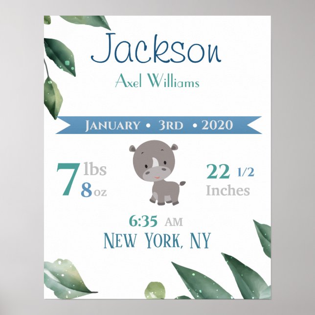 Póster Nacimientos Nacidos Rótulo Elefante Azul y Verde (Frente)