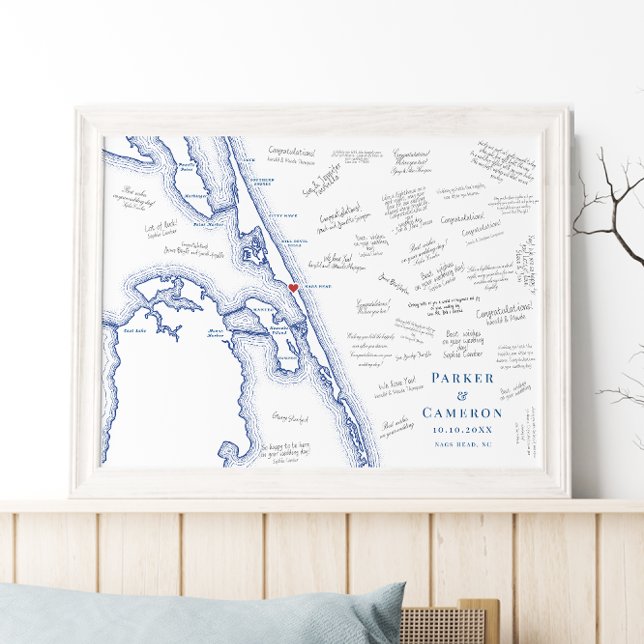 Póster Nags Head NC Map Elegant Wedding Guest Book Poster (Nags Head NC Map Alternative Guest Book Poster for an Outer Banks Beach Wedding in elegant navy blue)