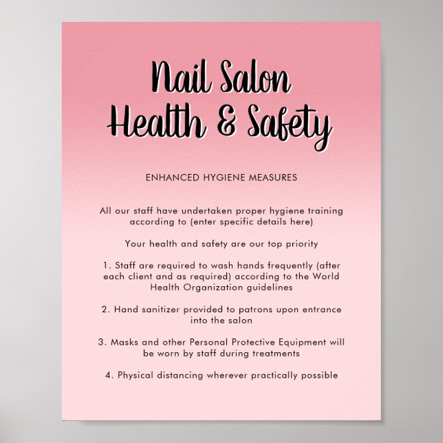 Póster Nail Salon Health Pink Script Font Covid Safety (Frente)