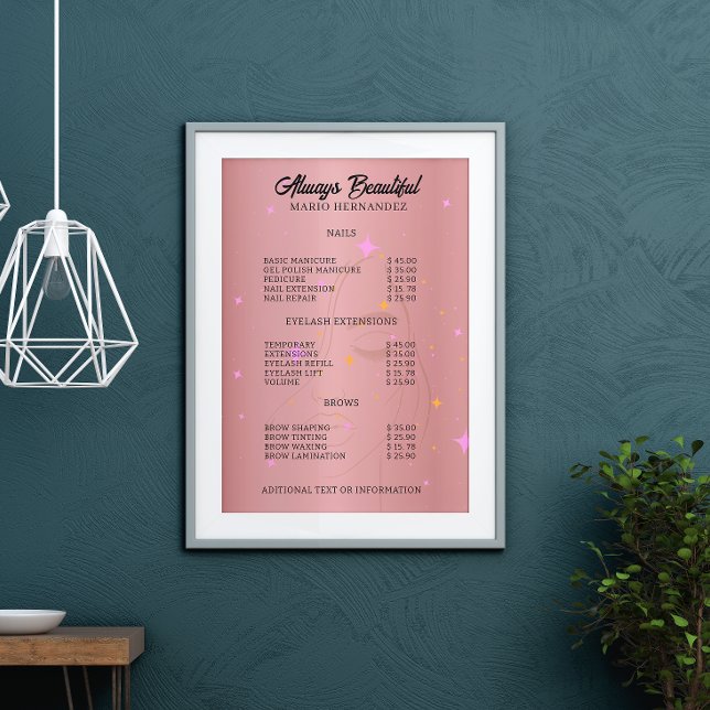 Póster Nail Tech Esthetician Price List Rosa Gold (Nail Tech Esthetician Price List Rose Gold Poster)