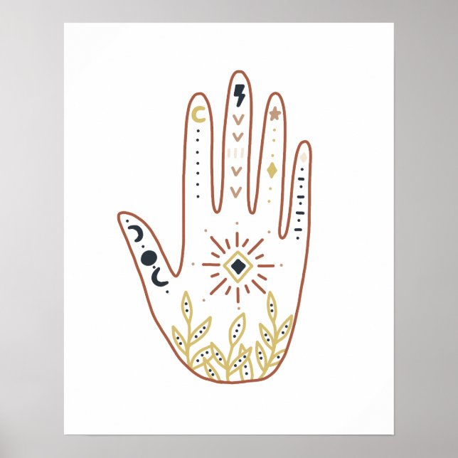 Póster Namaste boho místico símbolos de mano florales (Frente)