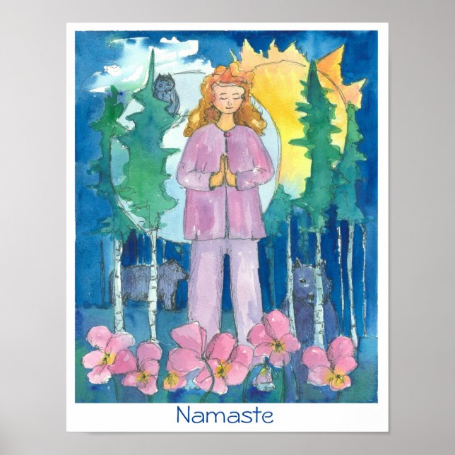 Póster Namaste Yoga Wolf Owl Bear Wildlife Watercolor (Frente)
